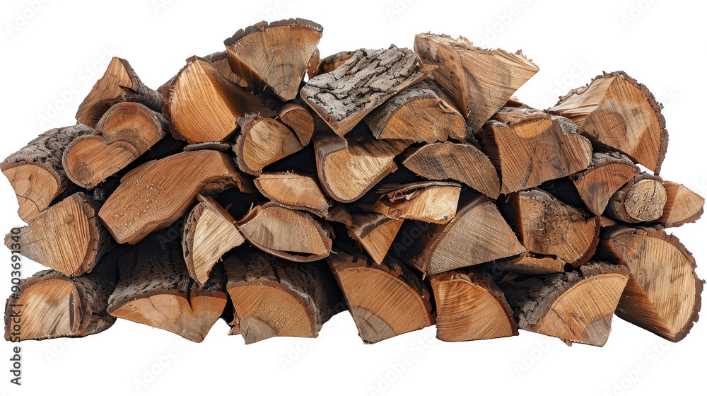 Pile of freshly chopped firewood stacked in a rustic arrangement against white background Pile of freshly chopped firewood stacked in a rustic arrangement against white background
