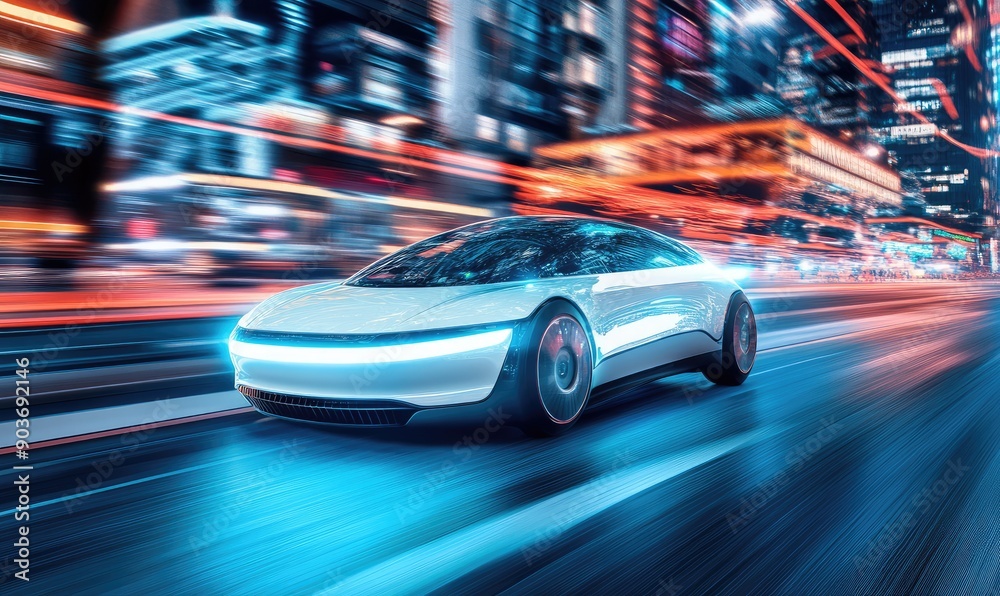 White Electric Car Speeding Through a City at Night White Electric Car Speeding Through a City at Night