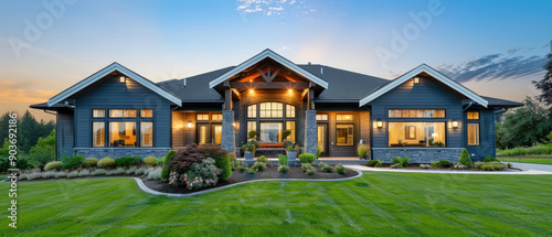 The front of the house with its lush green grass and bright blue sky at sunrise, presents an inviting and attractive exterior for those looking for a new home. photo