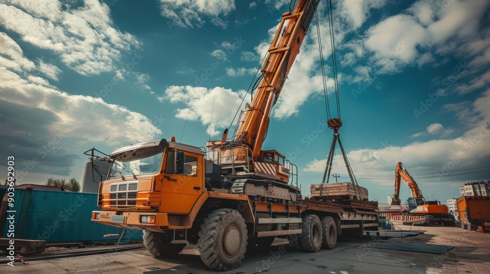 A crane being loaded onto a transport truck for relocation A crane being loaded onto a transport truck for relocation