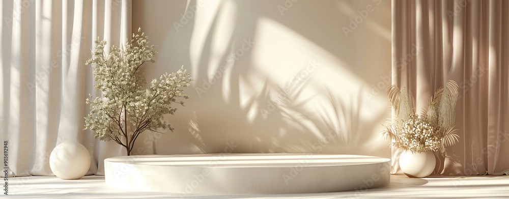 A luxurious podium with a focus on minimalism, showcasing a beautiful product against a backdrop of soft, neutral tones,realistic photo copy space , high detail sharp focus A luxurious podium with a focus on minimalism, showcasing a beautiful product against a backdrop of soft, neutral tones,realistic photo copy space , high detail sharp focus