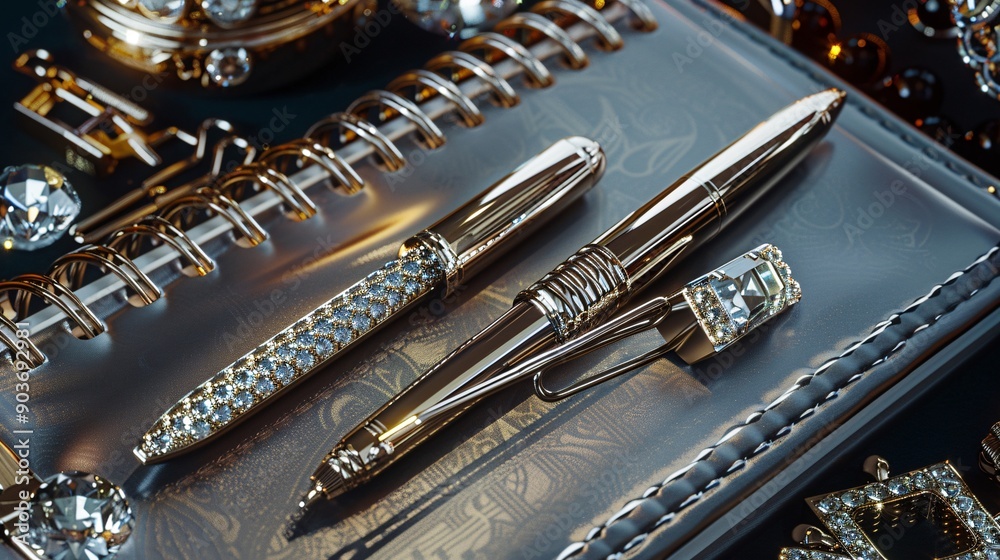 Flat lay of opulent work equipment including a diamond-studded pen, silk-lined notebook, and platinum paper clips Flat lay of opulent work equipment including a diamond-studded pen, silk-lined notebook, and platinum paper clips