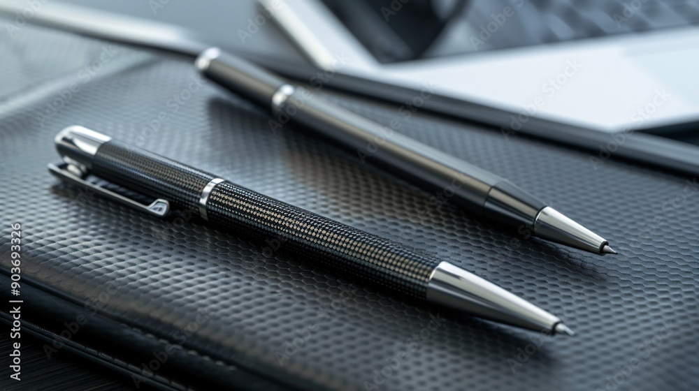 Flat lay of high-end office gadgets including a titanium stylus, carbon fiber pen, and silk-lined document folder Flat lay of high-end office gadgets including a titanium stylus, carbon fiber pen, and silk-lined document folder