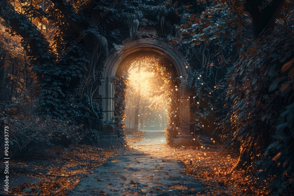 Fototapeta premium A Mystical Stone Archway Opens to a Sunlit Forest Path