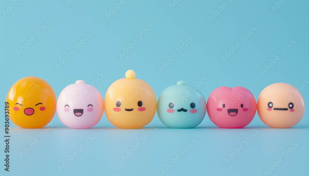 Adorable 3D cartoon faces with various expressions on colorful round shapes against a blue background. Adorable 3D cartoon faces with various expressions on colorful round shapes against a blue background.