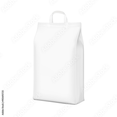 Paper packaging bag with handle mockup. Half side view. Vector illustration isolated on white background. Ready for use in presentation, promo, advertising and more. EPS10.