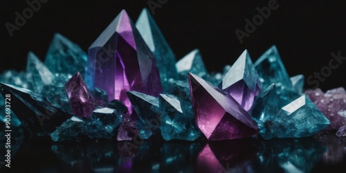 Crystals on black background, abstract backdrop.