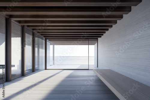 Empty room in a luxury property with outdoors views and wall panels. Luxurious residential Real Estate conceptual image.