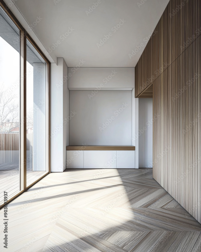 Empty room in a luxury property with outdoors views and wall panels. Luxurious residential Real Estate conceptual image. Empty room in a luxury property with outdoors views and wall panels. Luxurious residential Real Estate conceptual image.