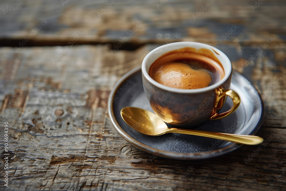 Overhead shot of espresso cup with golden spoon on rustic table, dark grey and brown tones, vintage style. Overhead shot of espresso cup with golden spoon on rustic table, dark grey and brown tones, vintage style.