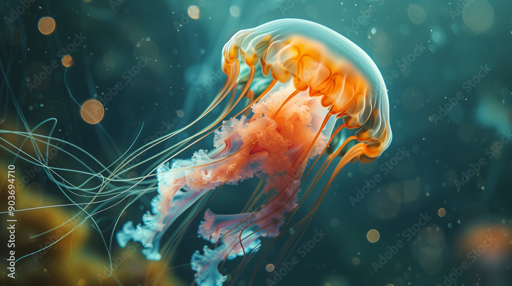 Orange jellyfish swimming underwater. Orange jellyfish swimming underwater.