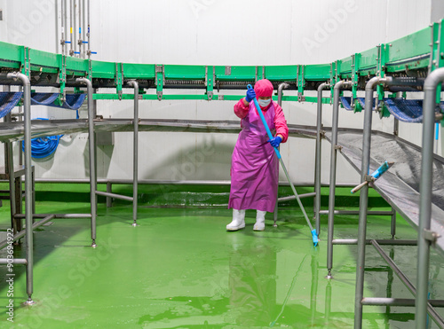Floor cleaning with mob, cleaning tools on pu floor.