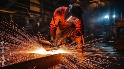 Industrial welder operating machinery for precision steel welding with sparks in a factory setting