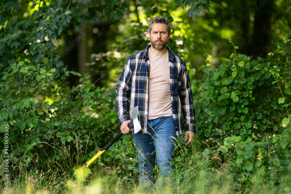 Fototapeta premium Confident lumberjack works in summer forest. Man with an ax. Woodcutter in plaid shirt in forest. Hipster with axe. Lumberjack with an axe. Bearded lumberjack. American lumberjack with hatchet.