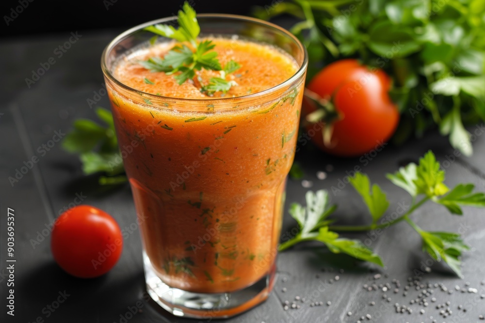 Enjoy a refreshing savory vegetable smoothie served in a tall glass, perfectly chilled and garnished with fresh herbs. Enjoy a refreshing savory vegetable smoothie served in a tall glass, perfectly chilled and garnished with fresh herbs.