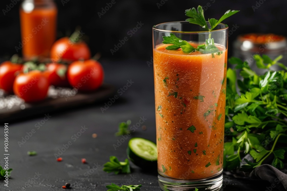 Fototapeta premium Enjoy a refreshing savory vegetable smoothie served in a tall glass, perfectly chilled and garnished with fresh herbs.