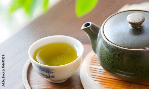 Kettle Filled with green tea, and a small cup for pouring , Generative AI