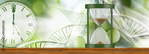 The Passage of Time: A Clock, An Hourglass, and DNA Strands in a Green and Blurred Setting