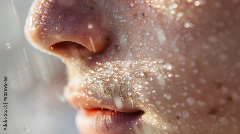 Obraz premium A close-up of the chin, with sweat covering the whole face，close up of a person eating a slice of bread