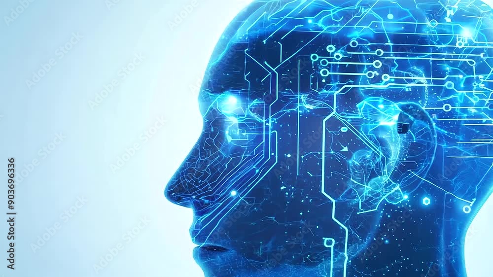 futuristic AI circuitry within a human head silhouette, glowing blue lines, advanced technology, artificial intelligence concept, with copy space futuristic AI circuitry within a human head silhouette, glowing blue lines, advanced technology, artificial intelligence concept, with copy space
