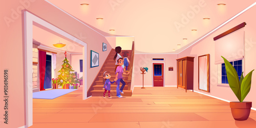 Family going upstairs at home on Christmas eve. Vector cartoon illustration of parents preparing sad children for bedtime on holiday night, gift boxes under decorated X-mas tree, living room interior