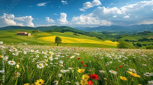 Charming landscape rural view showcasing a peaceful countryside with rolling hills, farmhouses, and fields of vibrant wildflowers photo