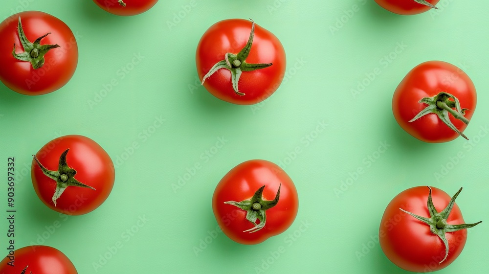 Top view of ripe red tomatoes arranged on a green pastel background. Top view of ripe red tomatoes arranged on a green pastel background.