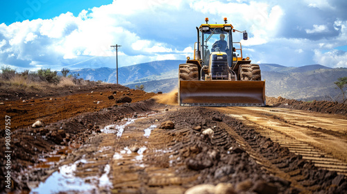 Heavy machinery grading a dirt road