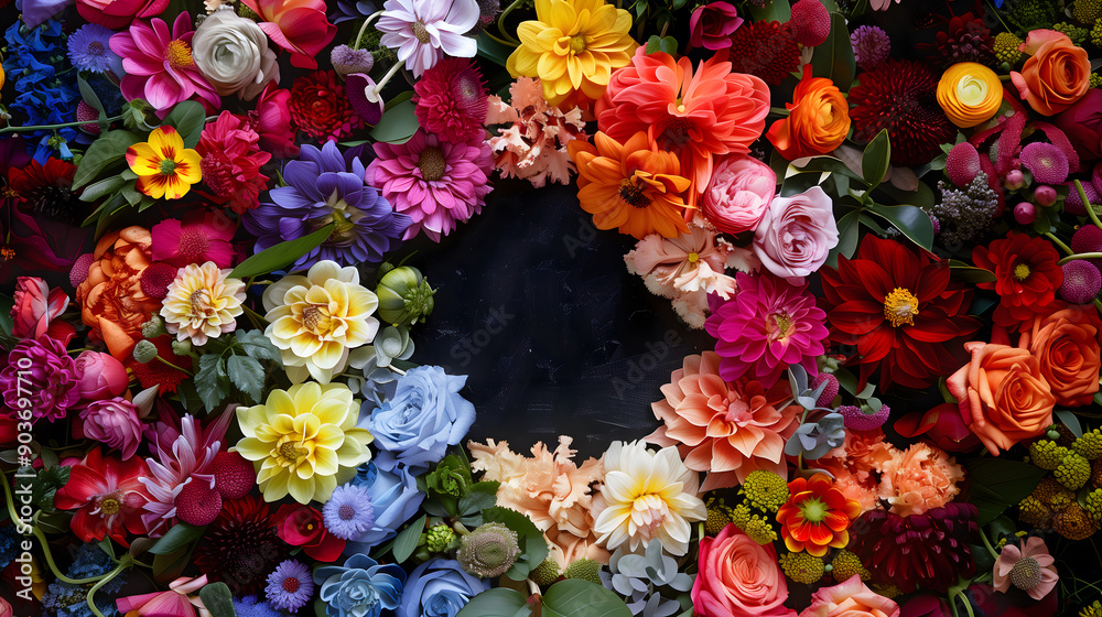 The desktop is covered with flowers, leaving a circular space in the middle.,bouquet of colorful flowers The desktop is covered with flowers, leaving a circular space in the middle.,bouquet of colorful flowers