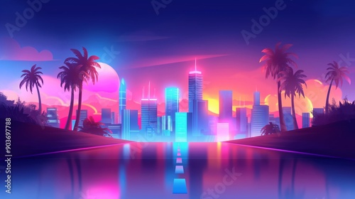 Vibrant neon cityscape at dusk with palm trees along the waterway illustration.