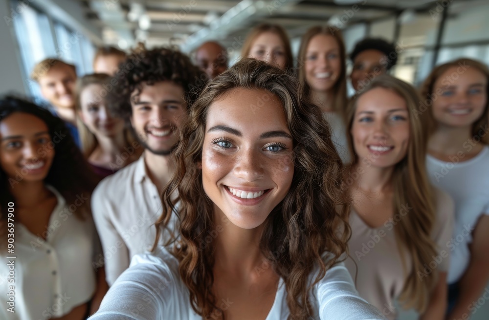 Group of diverse friends taking a cheerful selfie together indoors Group of diverse friends taking a cheerful selfie together indoors