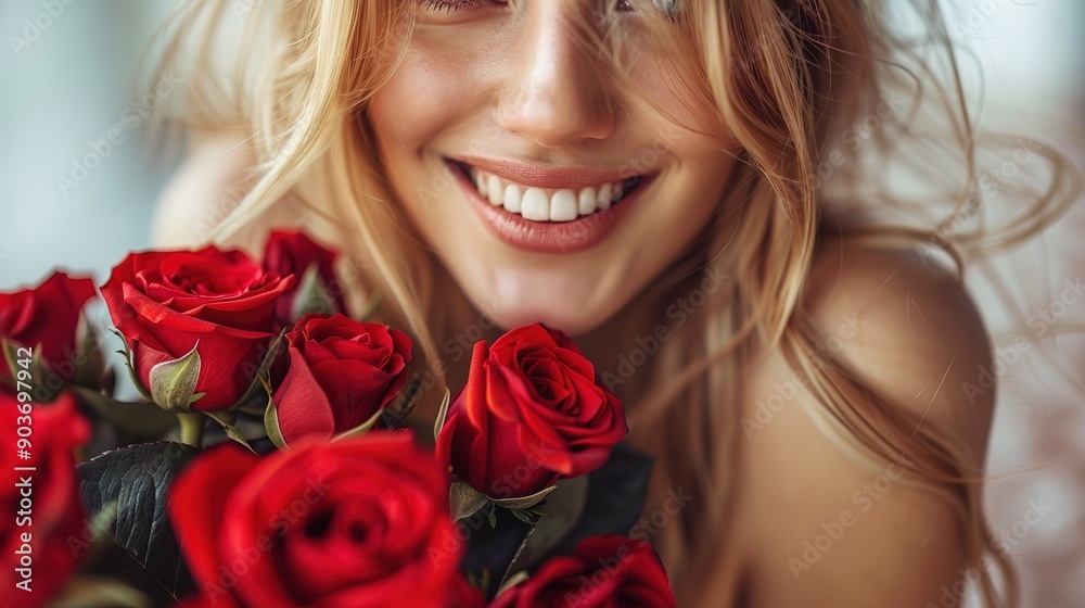 Close-up of a blonde woman receiving a bouquet of red roses, her smile radiating pure romance and joy Close-up of a blonde woman receiving a bouquet of red roses, her smile radiating pure romance and joy