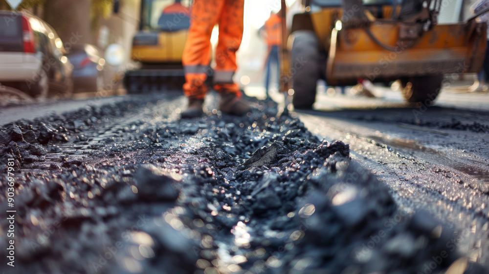 Naklejka premium Close-up Workers operating a paving machine on the road