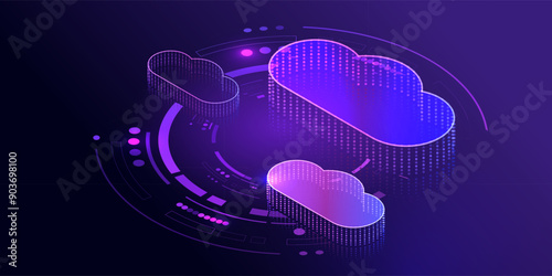 Cloud storage for data transmission in isometric background. Downloading cloud application. Network secure technologies. Futuristic service center. Digital space. Data computing system. Vector.