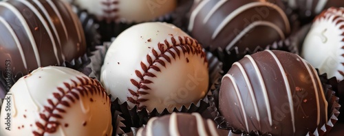 Baseballthemed chocolate truffles with caramel filling, Baseball Themed Food, Indulgent sportsthemed candy photo