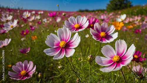 Vibrant field of pink and white cosmos flowers in full bloom under a clear blue sky during daytime.