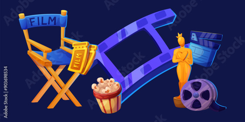 Poster with cinema cartoon icons - golden Oscar trophy statue and tickets to movie, popcorn in cardboard cup and director chair, clapperboard and reel with film tape. Vector tv production elements.