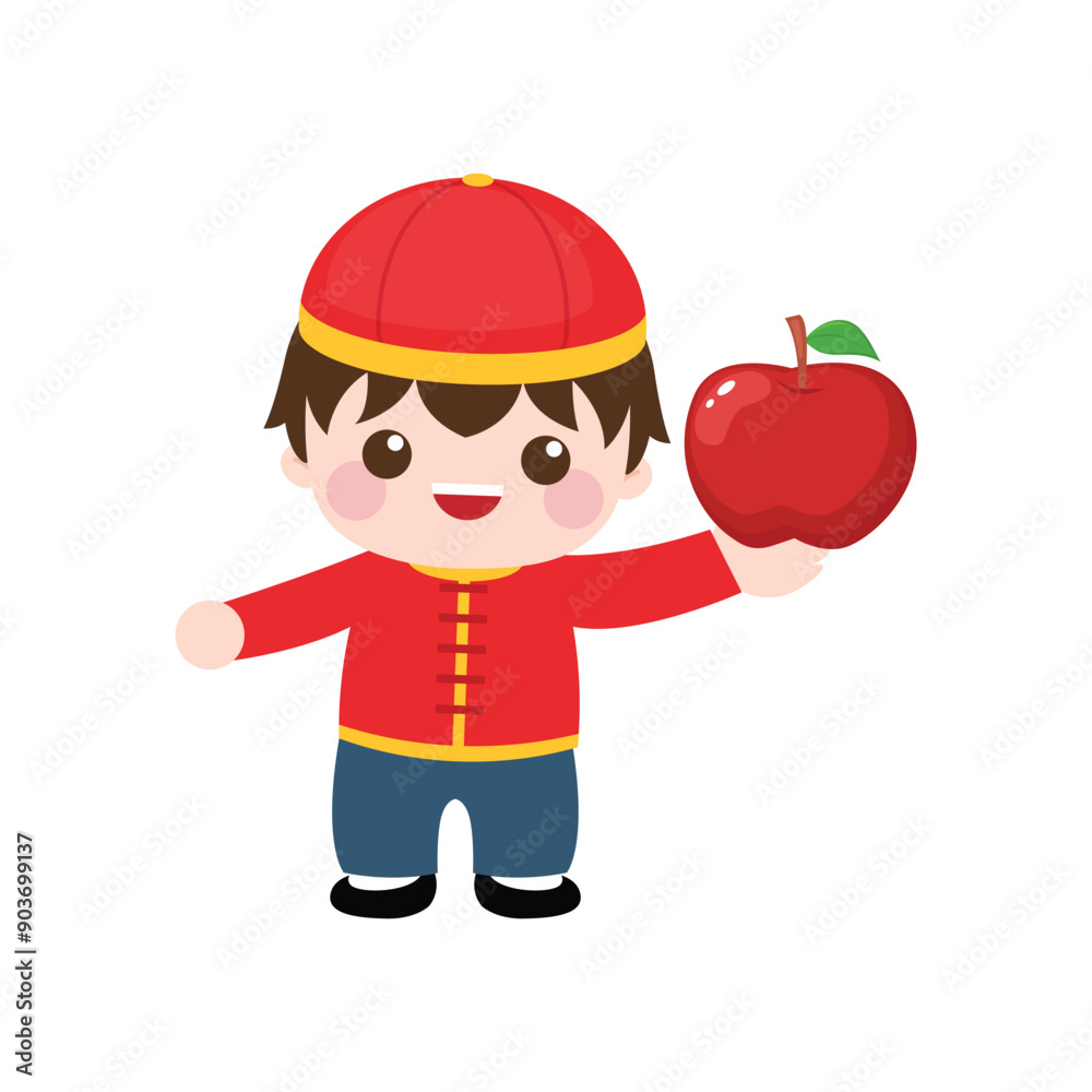 Cute boy holding red apple for Chinese new year celebration Cute boy holding red apple for Chinese new year celebration