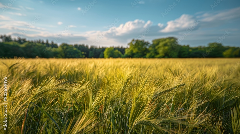 A vast wheat field with golden stalks swaying under a clear blue sky, surrounded by lush green trees. A vast wheat field with golden stalks swaying under a clear blue sky, surrounded by lush green trees.