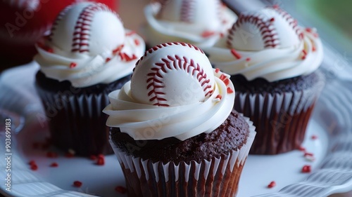 Baseballthemed cupcakes with fondant decorations, Baseball Themed Food, Festive desserts for fans