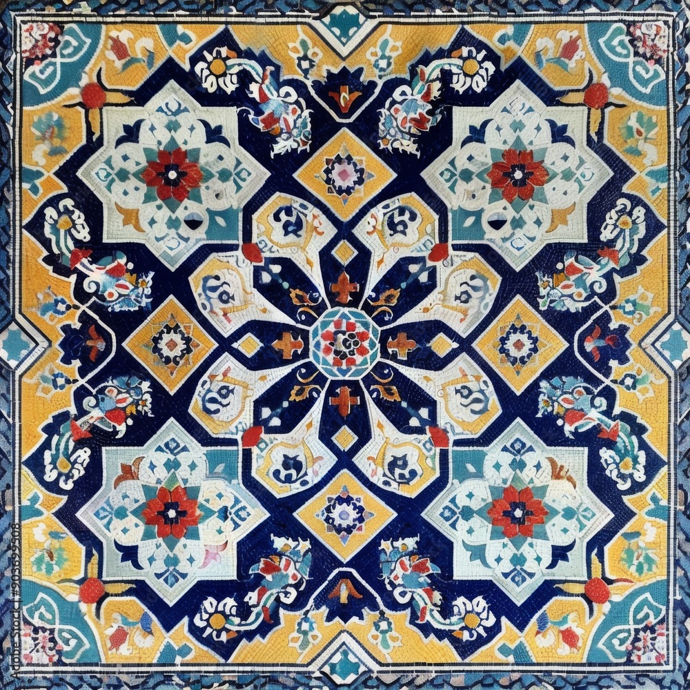 Detail of traditional Persian mosaic wall with geometrical ornament in Iran, Arabic Islamic pattern Detail of traditional Persian mosaic wall with geometrical ornament in Iran, Arabic Islamic pattern