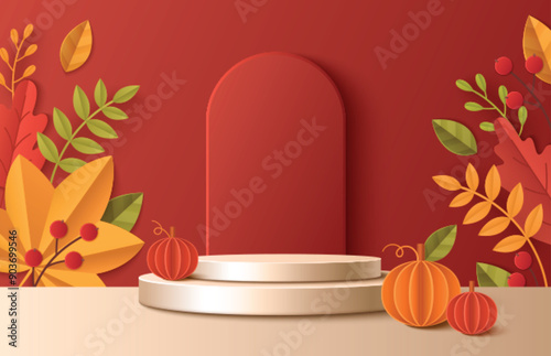 Product podium with papercut autumn decorative elements and arch in studio room with red wall and beige floor. Realistic 3d vector foods display cylinder platform with paper leaf, berry and pumpkin.