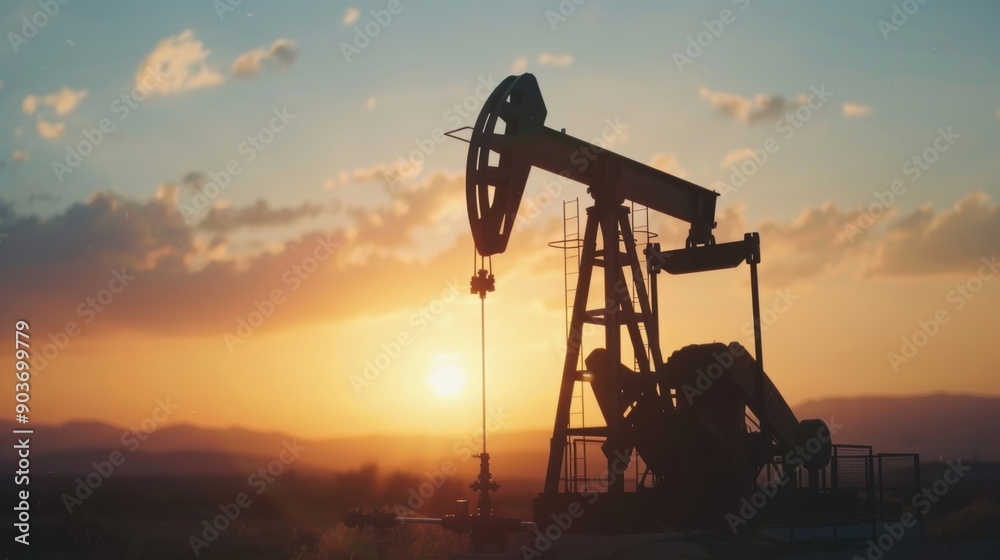 Oil pump jack silhouetted against a vibrant sunset sky, highlighting the industrial landscape and energy production. Oil pump jack silhouetted against a vibrant sunset sky, highlighting the industrial landscape and energy production.