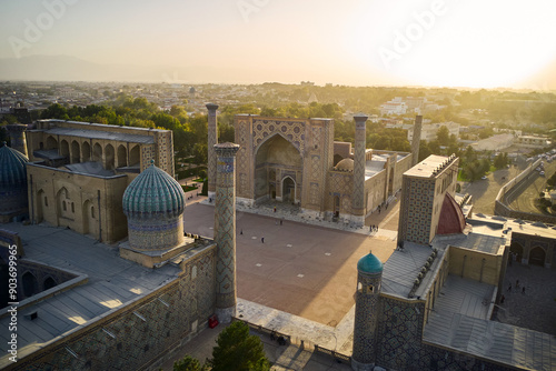 Aerial view of Registan Square during sunset in Samarkand city, Uzbekistan