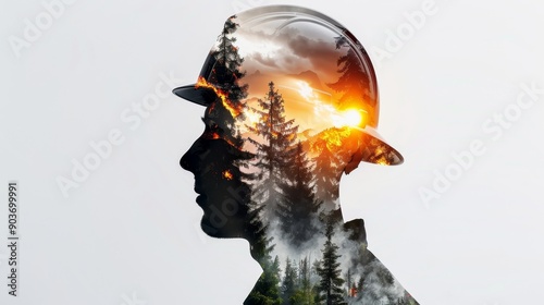 A firefighter merged with a nature landscape through double exposure, combining elements of digital interface and photography to create a futuristic postcard photo