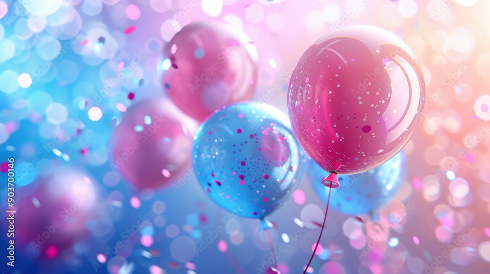 Vibrant pink and blue balloons surrounded by confetti, creating a festive and joyful atmosphere perfect for celebrations. Vibrant pink and blue balloons surrounded by confetti, creating a festive and joyful atmosphere perfect for celebrations.