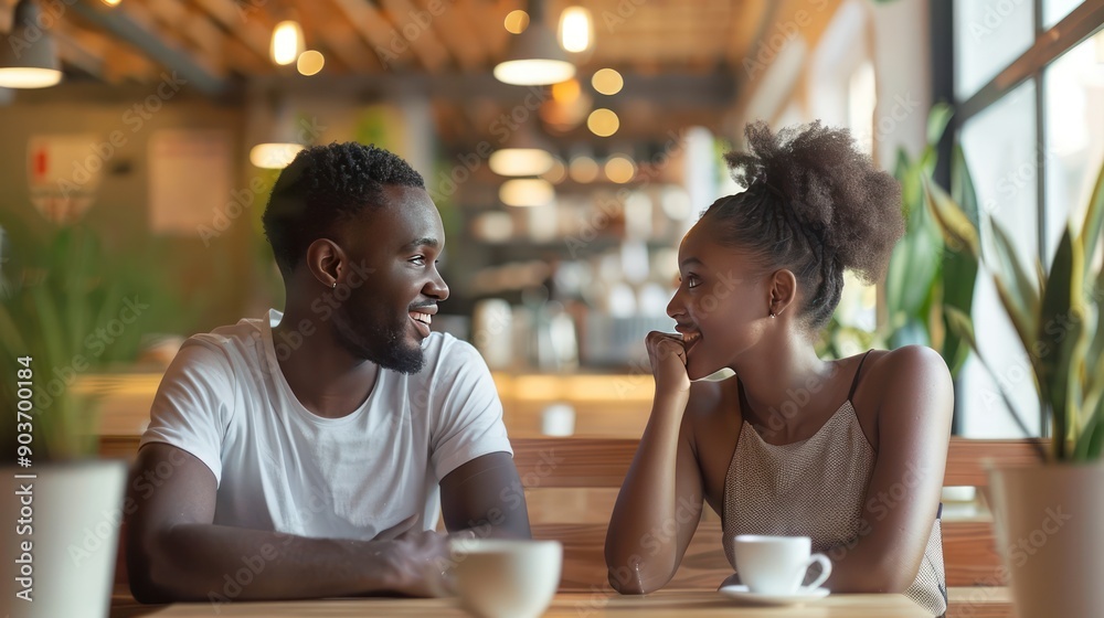 Couple nodding heads in agreement while discussing vacation plans at a coffee shop Couple nodding heads in agreement while discussing vacation plans at a coffee shop