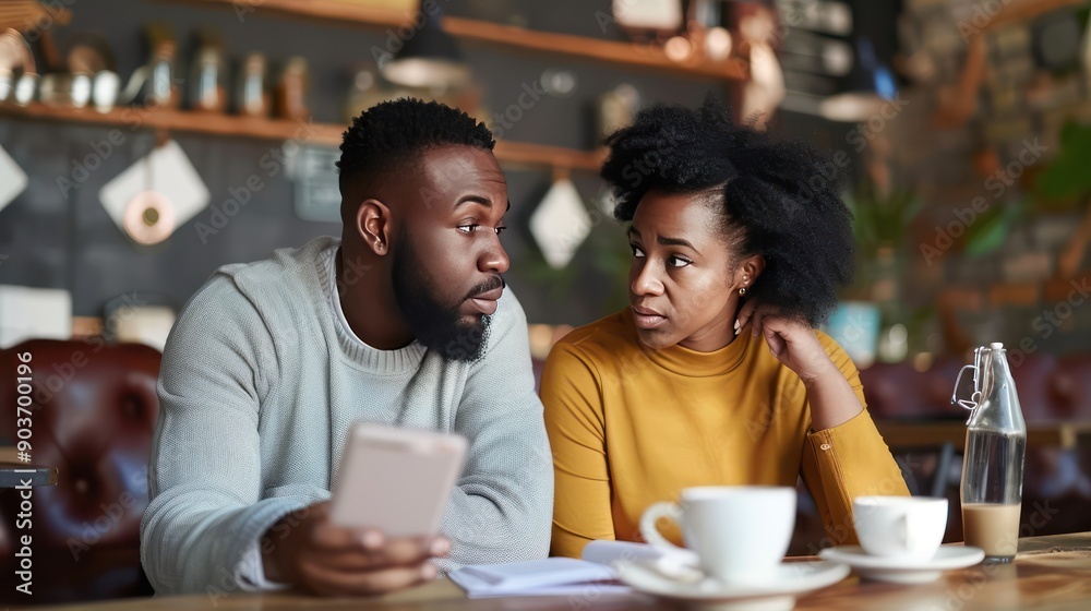 Couple nodding heads in agreement while discussing vacation plans at a coffee shop Couple nodding heads in agreement while discussing vacation plans at a coffee shop