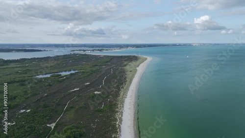 Studland Naturist Beach and Knoll Beach Studland over Studland and Godlingston Heath National Nature Reserve from a drone, Studland, Poole, Dorset, England photo