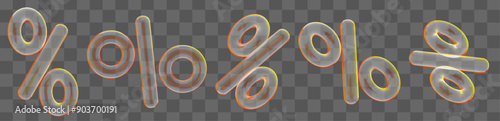 3d Set of transparent glass percent sign in different angles. Stock vector illustration on isolated background.